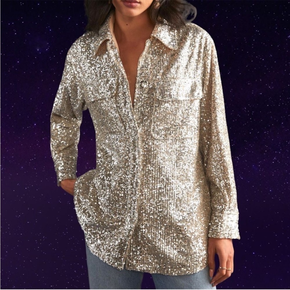 Anthropologie BB DAKOTA glitter‎ sweet Shimmer Sequin Shirt Jacket Sz S shacket